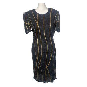 Vtg SWEE LO Women Beaded Sleeveless Zip Back Dress Sz S Black Elegant Art Deco